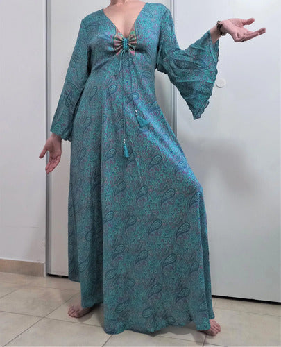 Vestido De Seda Hindú Largo Mangas Oxford Verde Estampado Único