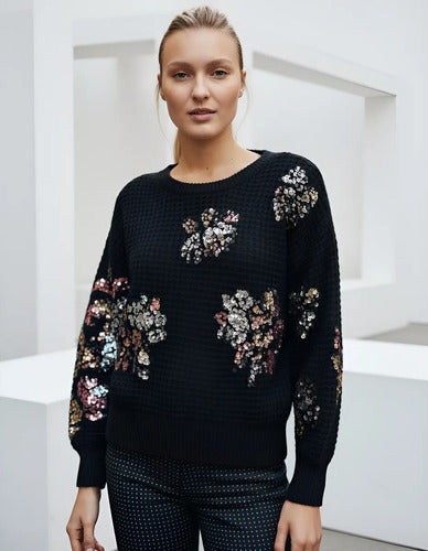 Sweater Tejido Panal Importado Lentejuelas Paillettes Negro Lentejuelas Único