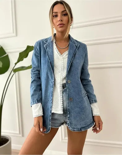 Blazer Saco Jean Chaqueta Denim  Azul S Liso