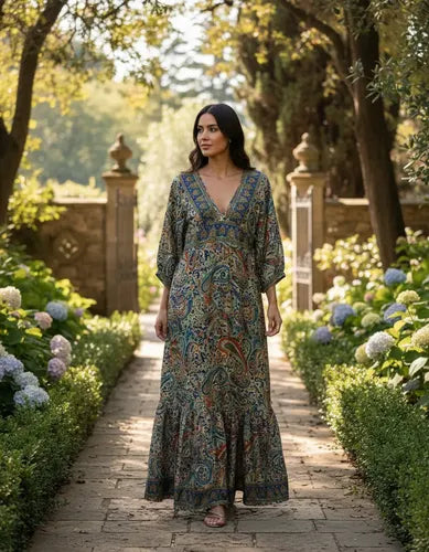 Vestido Largo De Seda Hindú Mangas 3/4 Multicolor Estampado Único