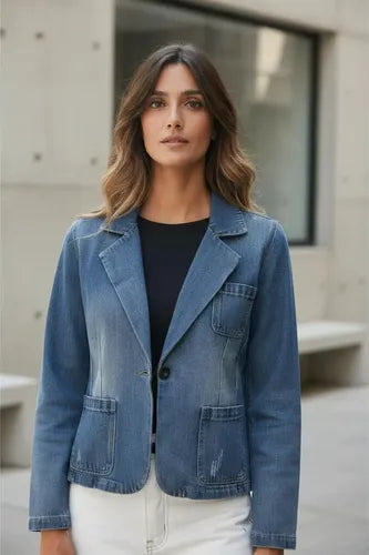 Saco De Jean Blazer Denim Importado  Azul 2 Xl Liso