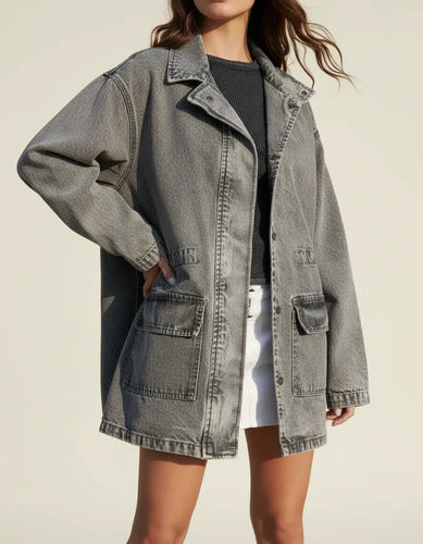 Saco Largo Jean Campera Camisaco Oversize Denim Talle Grande Gris 38 Liso