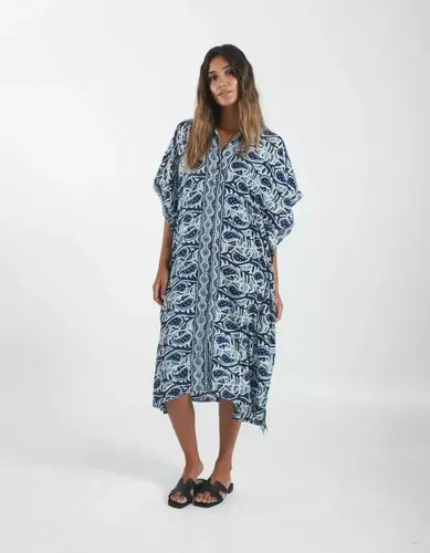 Vestido De Seda Hindú Abotonado Modelo Amplio Mod. 49 Azul Estampado Único