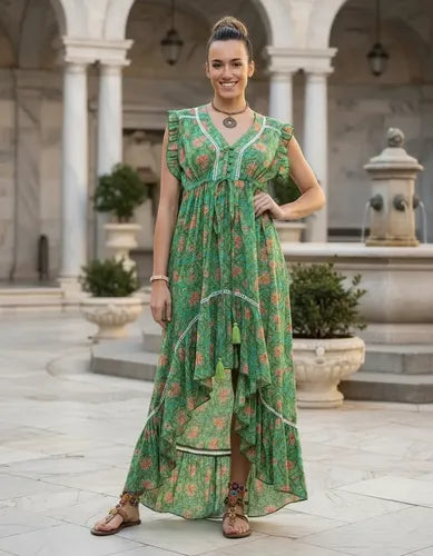 Vestido  Largo Irregular Importado  Boho Estampado India
