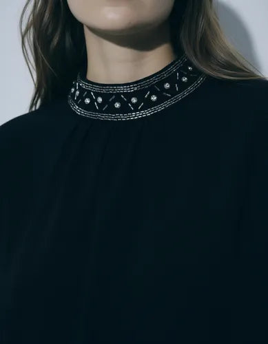 Blusa Manga Larga Con Strass Fiesta Noche Modelo Grande Negro Lisa Xl