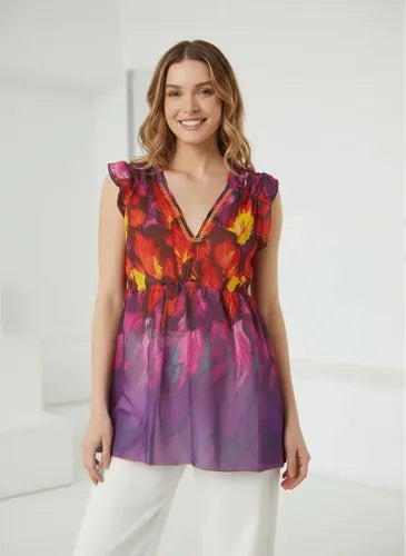 Blusa De Gasa Estampada Importada Fucsia Único