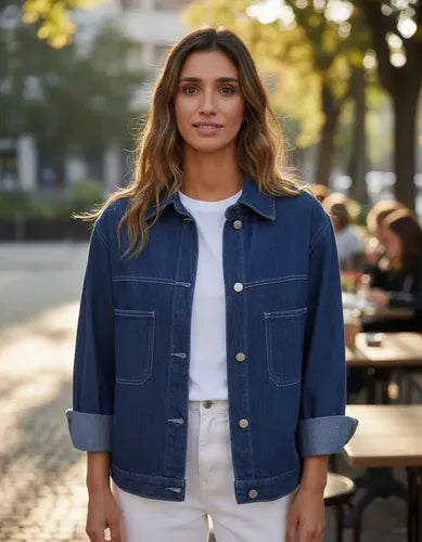 Campera De Jean Costura Contratono Azul S Liso