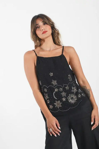 Blusa Top Musculosa Importada Lentejuelas Paillettes Negro Lentejuelas L
