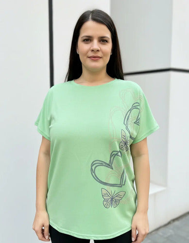 Remera  Modal Strass Importada Talle Grande Verde Corazones 3xl Lisa