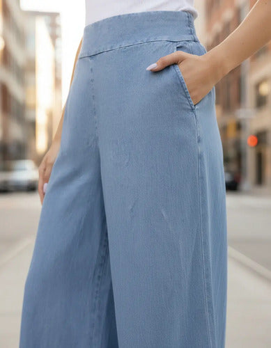 Pantalón Jean Amplio Palazzo Denim Celeste Liso S