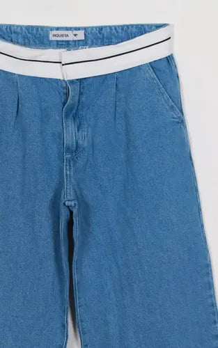 Pantalón Jean Wide Leg Jean Rígido Con Aplique  Denim