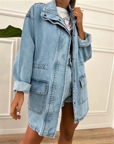Saco Largo Jean Campera Camisaco Oversize Denim Talle Grande Gris 38 Liso
