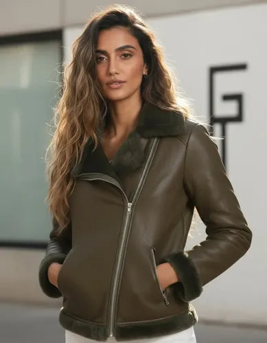 Campera Gamulán De Mujer Eco Cuero Con Piel Talle Amplio Verde Musgo 3xl Liso