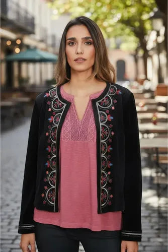 Saco Chiffon Chaqueta Bordada Talle Chico Negro Bordado 36