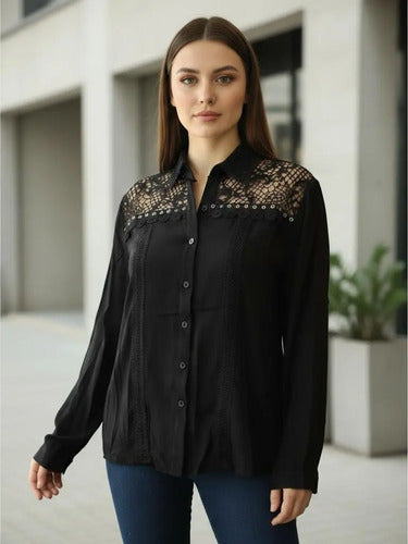 Camisa Importada Boho Perlas Y Puntillas (266) Negro Lisa L