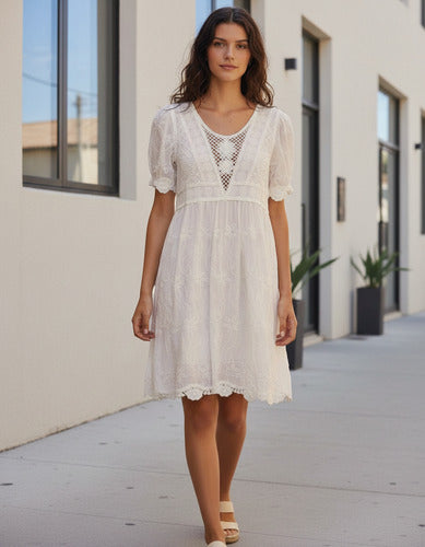 Vestido  Importado Crochet Bordado Boho Blanco Bordado S