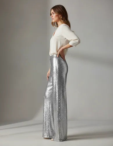 Pantalón De Lentejuelas Plateado Liso 40