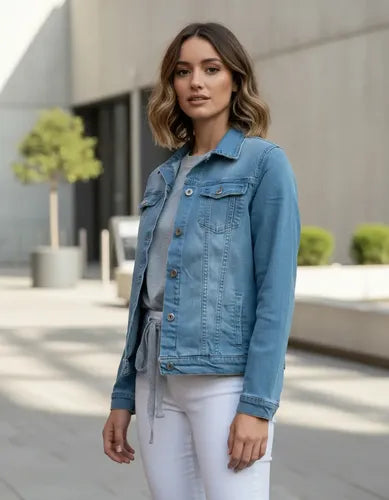 Campera De Jean Elastizada Denim Básica Celeste L Lisa