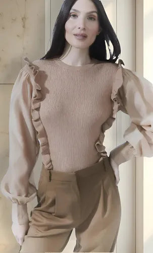 Sweater Tejido Importado Mangas De Gasa  Cod. 40 Marrón Claro Liso Único